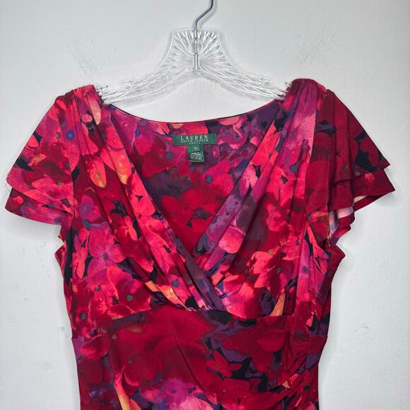 Lauren Ralph Lauren Women’s Floral Ruched Sheath Dress Size 12 Pink Short Sleeve - Picture 12 of 13